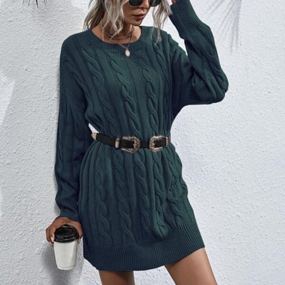 teal oversized chunky knit cable sweater dress - Picture 2 of 6
